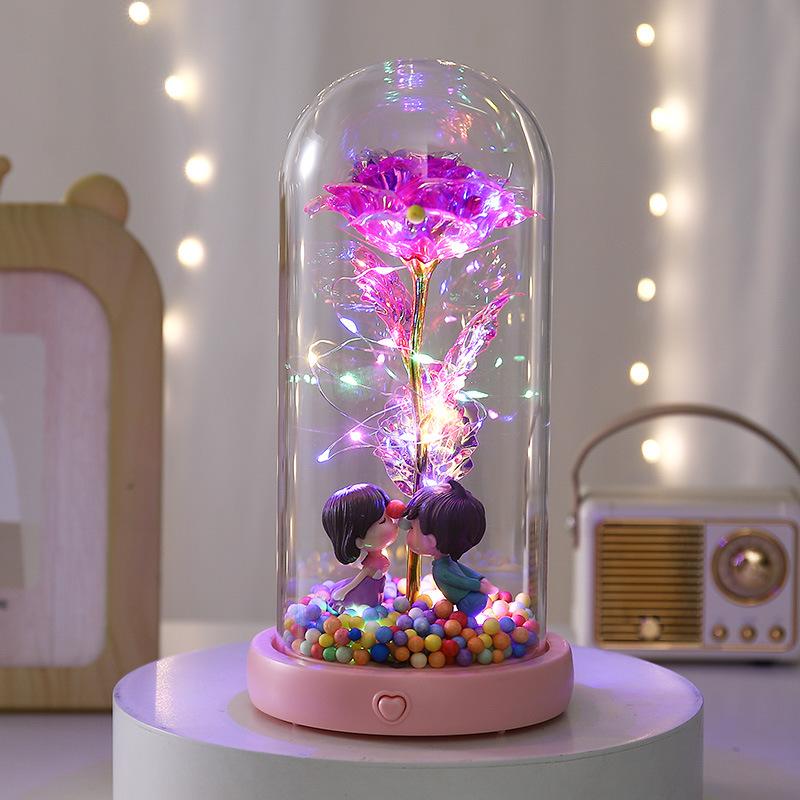 Gold Rose Glass Cover Ornament with Light Music To Send Valentine's Day Women's Day Immortal Flower Creative Gift