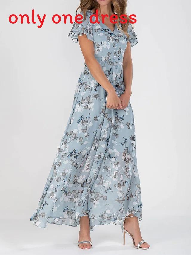 Summer Floral Chiffon Maxi Dress With Ruffle Vneck For Casual Wear