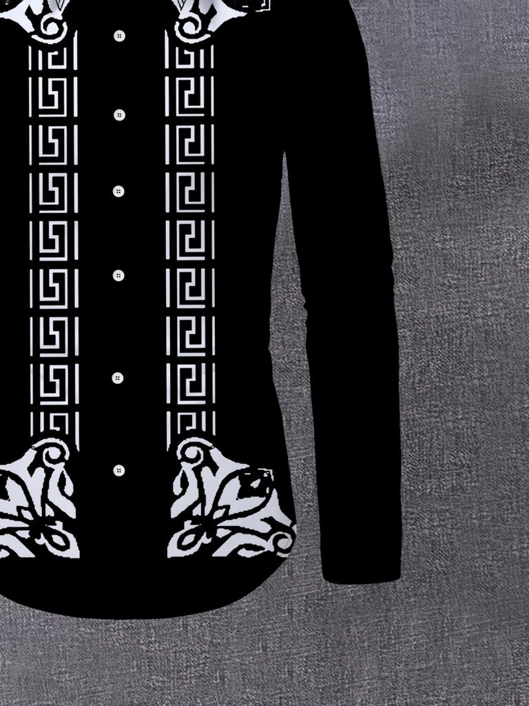 Classic Black And White Greek Pattern Men'S Shirt: The Black Body Is Paired with a Classic White Greek Key Design And Distinctive Floral Accents,
