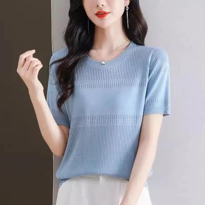 Women's Light Blue Short Sleeve Knit Top Round Neck Ribbed Casual T-Shirt with Pointelle Detail