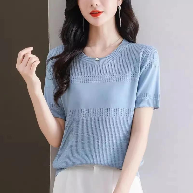 Women's Light Blue Short Sleeve Knit Top Round Neck Ribbed Casual T-Shirt with Pointelle Detail