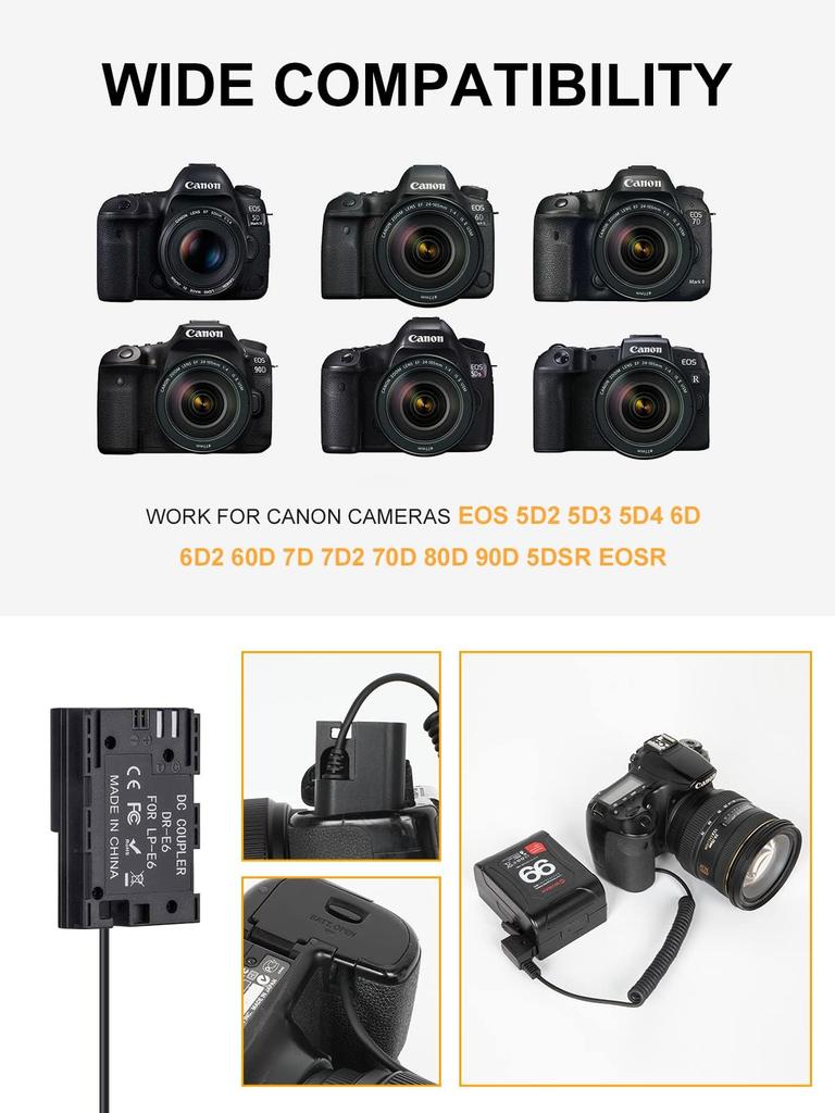 Moman DE6 Power Dummy Male Accessory for Canon with Sony Cable, LP-E6 Cable, Adapter, Adapter, D-Tap 5D2/5D3/5D4/6D/6D2/7D/7D2/60D/70D/80D/5DSR