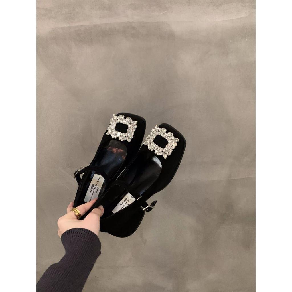 Thick heel high heels retro square head rhinestone Mary Jane small leather shoes women's shoes 2025 spring autumn winter black single shoes