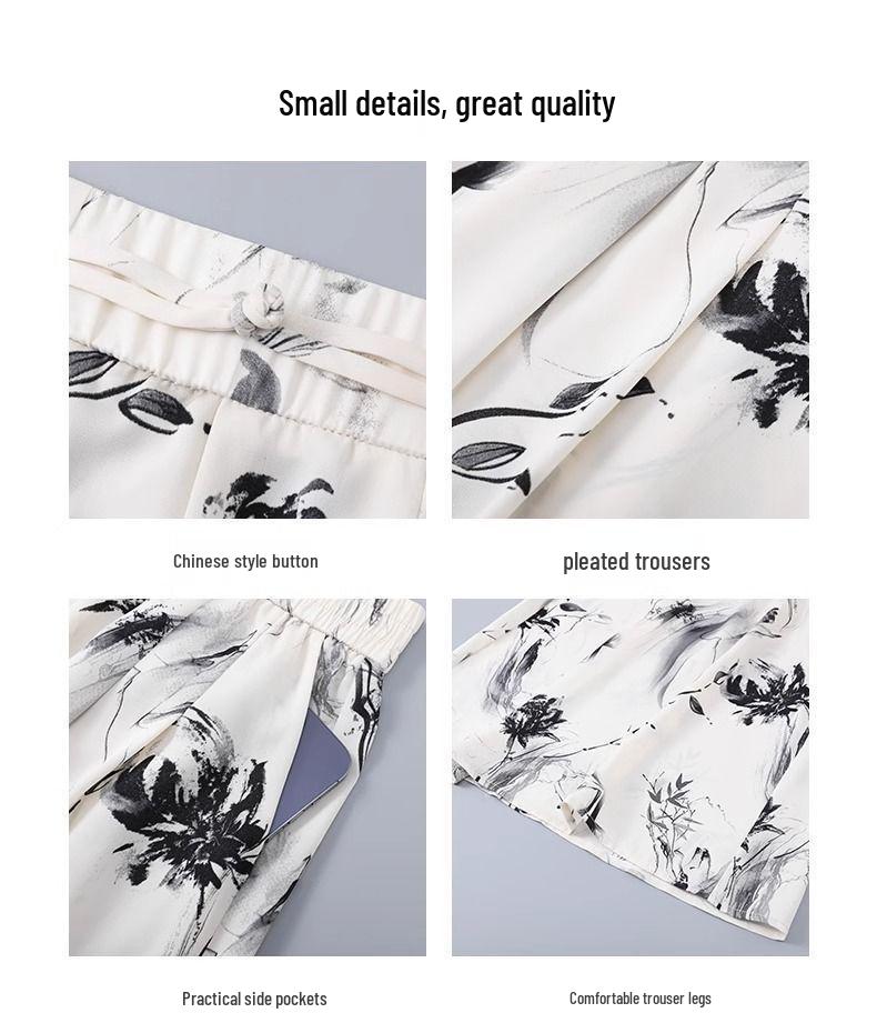 Women's High Waist Ink Print Ice Silk Wide-Leg Capri Pants - Summer 2025 Collection