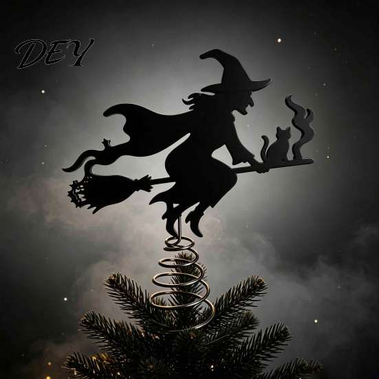 Dark Atmosphere Home Decor Halloween Witch Tree Topper, with LED Lights, Black Iron Decoration Art Silhouette Ornament, for Christmas And Holiday