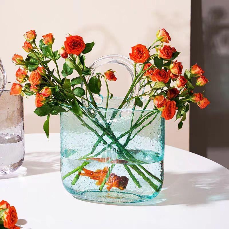 Trendige Glas-Handtaschen-Vase, Kreative Blasen-Fischglas-Blumenvase für Tischplatte, Hydroponische & Dekorative Blumen