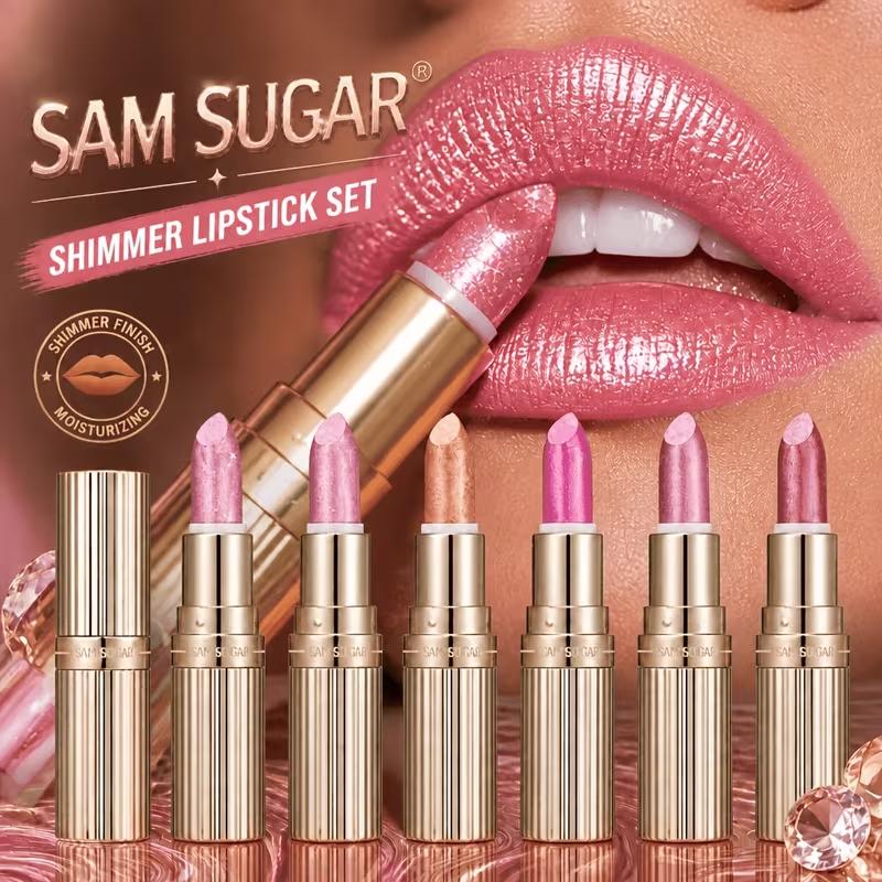 Shiny Metal Glitter Lipstick SAM SUGAR Pearlescent Lustre Velvet Lip Balm Non Grainy Hydrating Long Lasting Shimmery Lips Cosmetics for Women