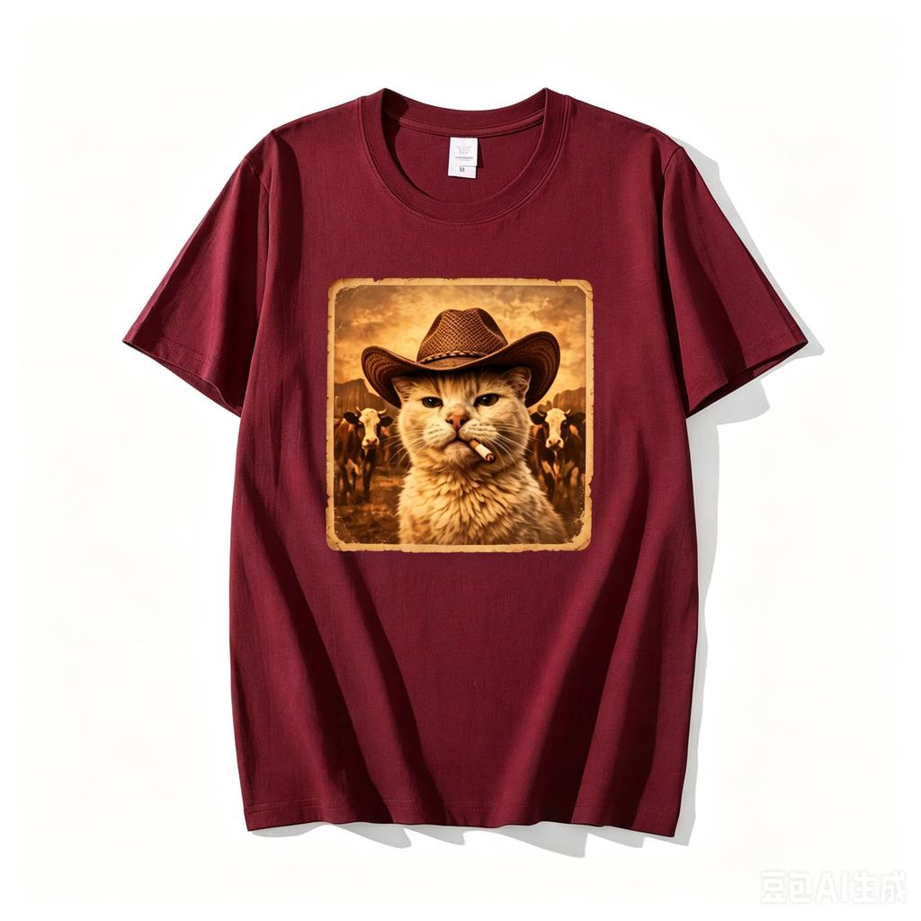Funny Cowboy Cat Meme T Shirt Unisex Western Graphic Tee Weird Cat Lover Tshirts Retro Meme T Shirts Casual Round Neck Printed Tops