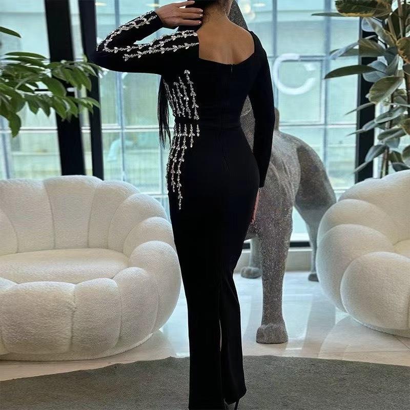 European & American Luxury Rhinestone Square Neck Bandage Dress - Slim Fit, Elegant Socialite Evening Wear.