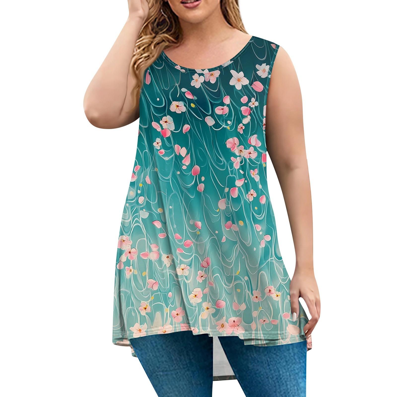 

Женская мода большого размера с круглым вырезом без рукавов повседневный свободный пуловер с принтом XXXXL циан