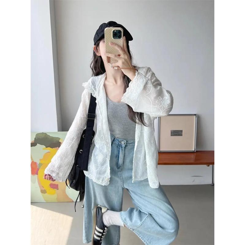 

Women Summer Casual Embroidered Hooded Top Flare Sleeve Sheer Blouse OneSize белый