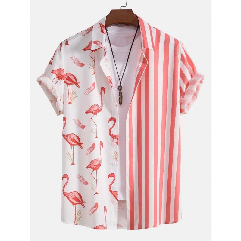 Camicia da Uomo a Maniche Corte a Strisce di Fenicottero Hawaiano Stile Europeo Americano Stampa Digitale 1D TEMU Vendita Calda