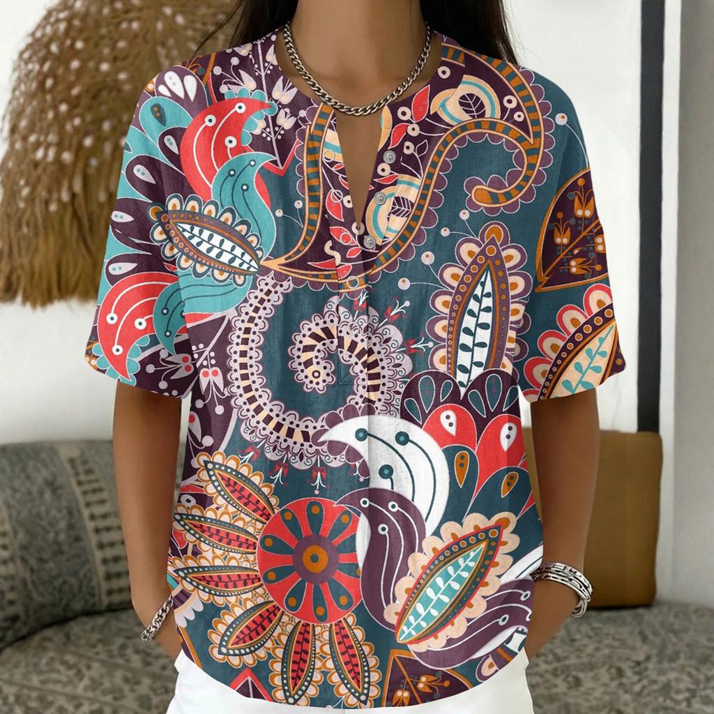 Damenmode Bedrucktes V-Ausschnitt-Shirt Kurzarm Pullover Top Leichte Lässige Bluse für den Alltag