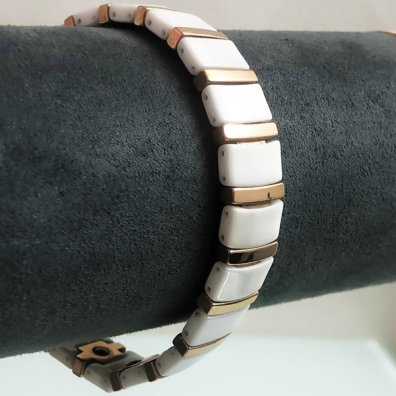 Rose Gold Color Steel White/Black Ceramic Chain Link Bracelet for Men Women Bio Germanium Magnetic Wristband Femme Jewelry