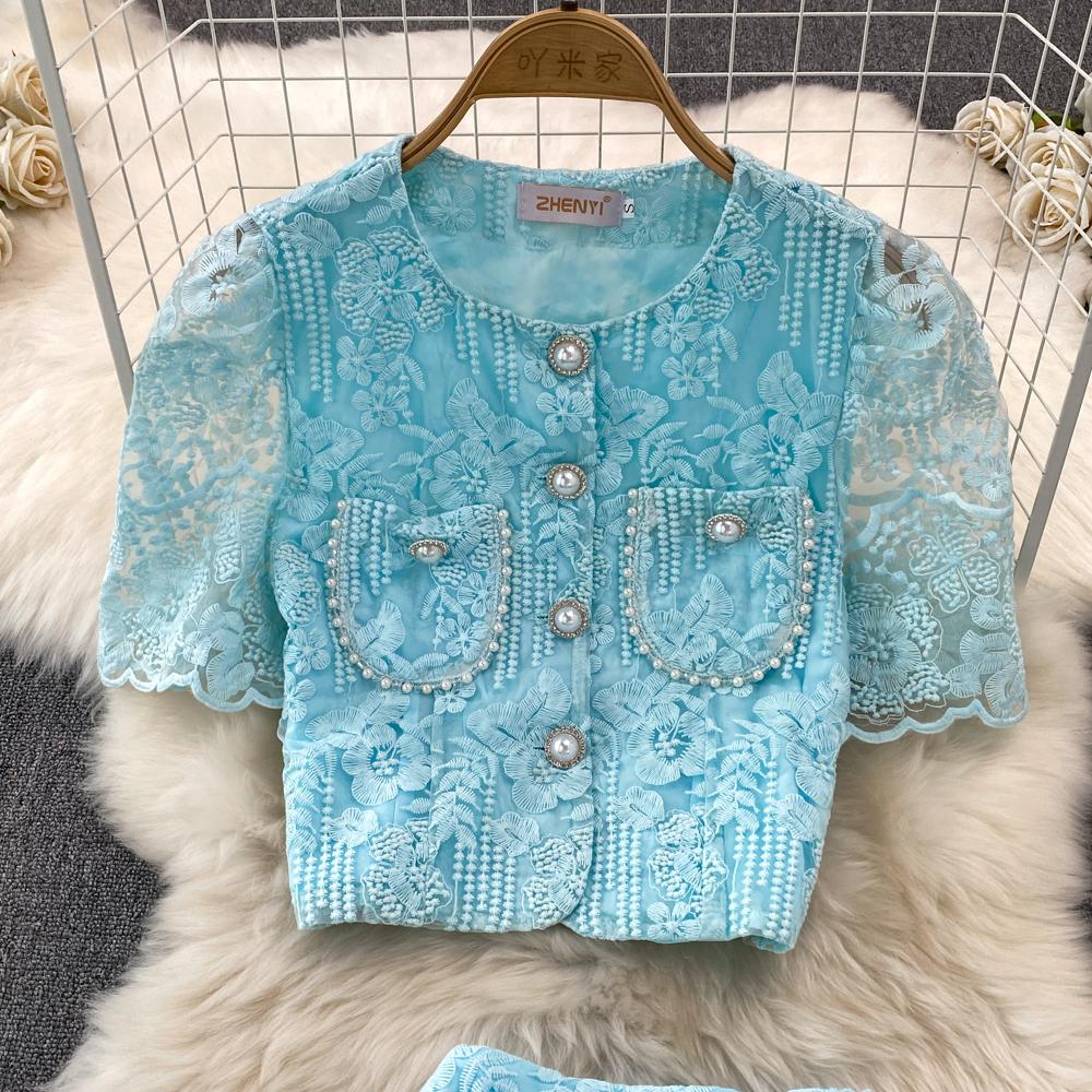 Summer Women Luxury Mesh Embroidery Flower Set Single Breasted Beading Pockets Top Shirt + Zipper Long Skirt Two Pieces Suits
