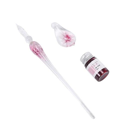1 Set Transparent Dip Pen with Inside Flower Glass Writing Pen Faux Crystal Ink Dip Pen Gift for Student