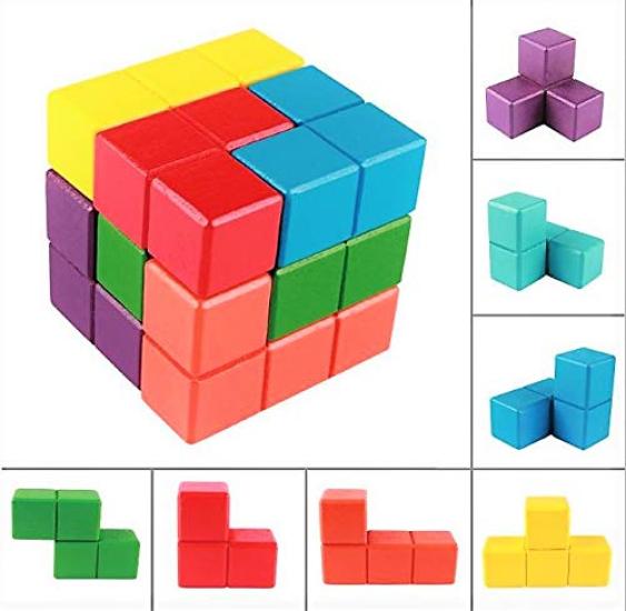 Pipitto Wooden Tetris Blocks, 7-Piece Assembly Cube Puzzle for Brain Training and Anti-Aging