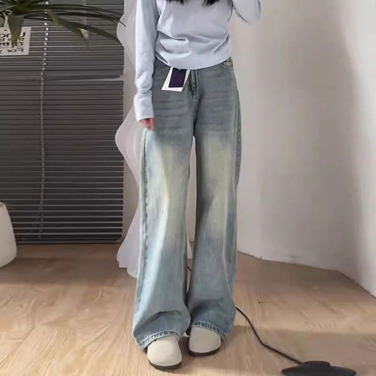 

Джинсы широкого кроя светлых оттенков Женские Весенне-летние с высокой посадкой Драпировка Фигура «груша» Свободные прямые брюки Ретро мешковатые Длинные джинсы для леди 4XL