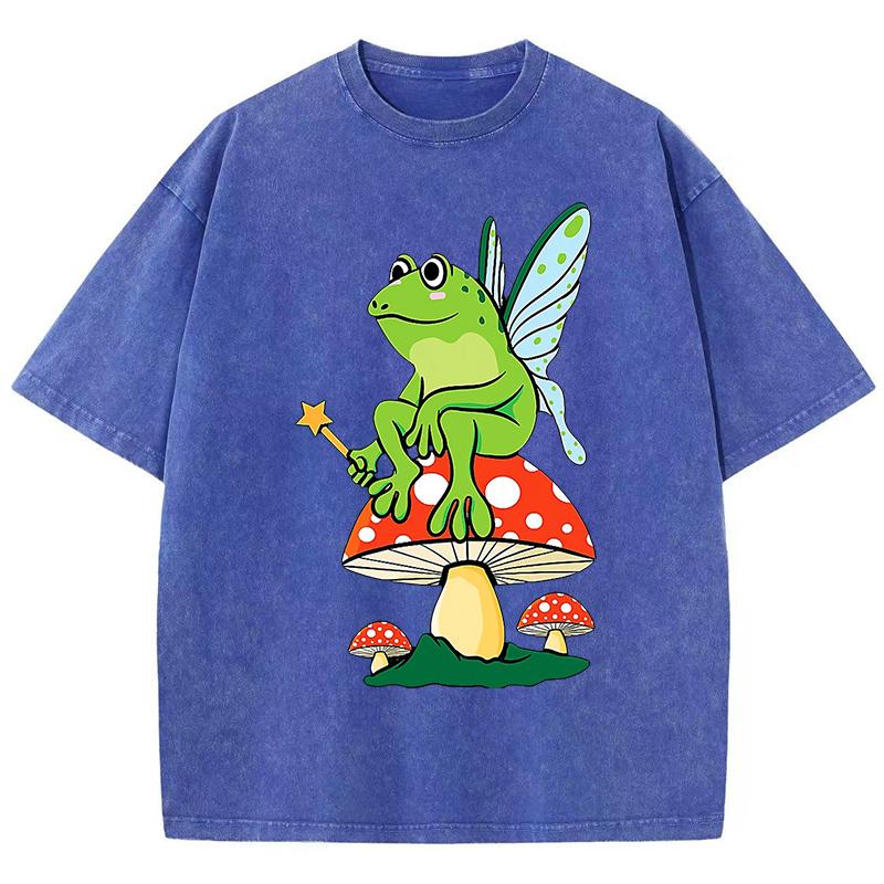 Frosch FeeCore Pilz Druck Damen Gewaschenes T-Shirt Baumwolle Lässig T-Shirt Locker Hip Hop Kurzarm Vintage Kleidung