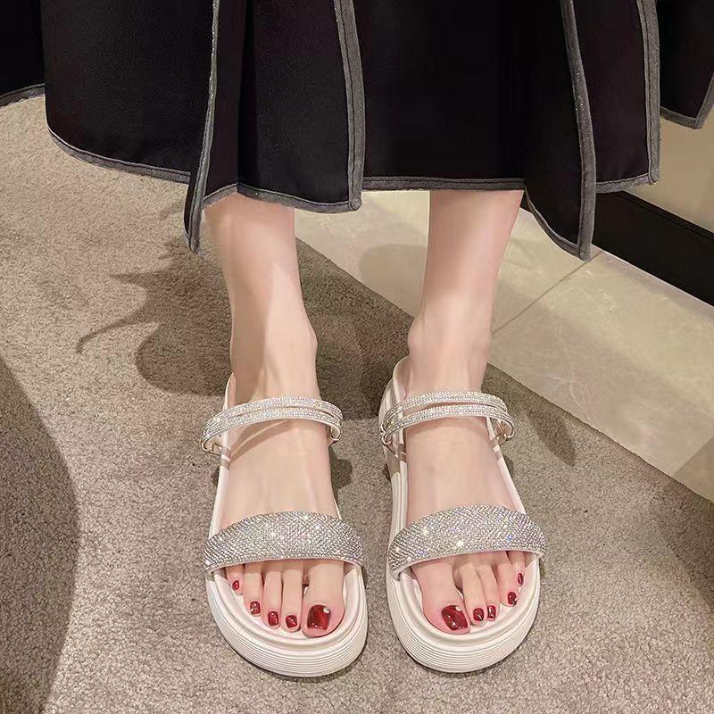 Damenschuhe Strasssteine Offene Zehenpartie Plateau Damensandalen Diamant Günstig Ausverkauf Korea im Angebot Schuh Sommer 2026 Bequem