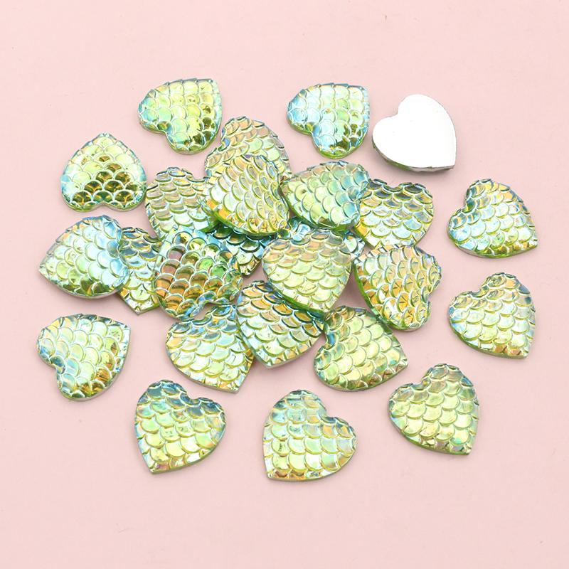 40pcs 12mm Heart Shape Mermaid Fish Scale Resin Cabochons Dome Flat Back DIY Jewelry Making Accessories for Earrings Bracelets
