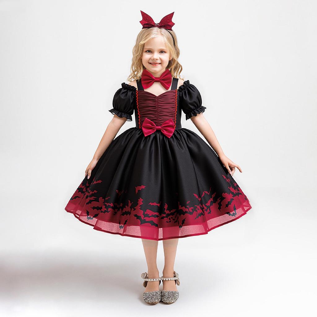 Black Mesh Print Halloween Princess Party Dress for Kids