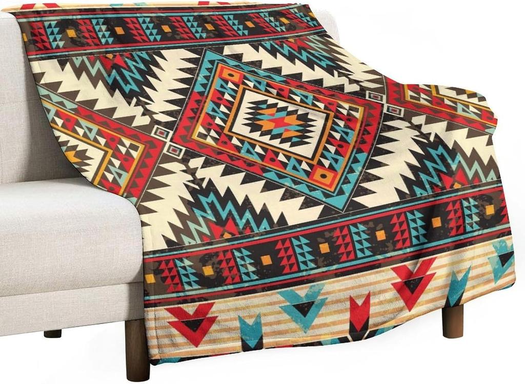 Black White Abstract Geometric Vintage Textured Boho Pattern Print Super Soft Flannel Throw Blanket for Bed Sofa