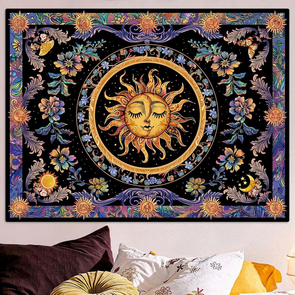 Sun and Moon Tapestry Boho Hippie Orange Red Blue Floral Tapestry for Bedroom Aesthetic Abstract Plant Flowers Small Tapestries