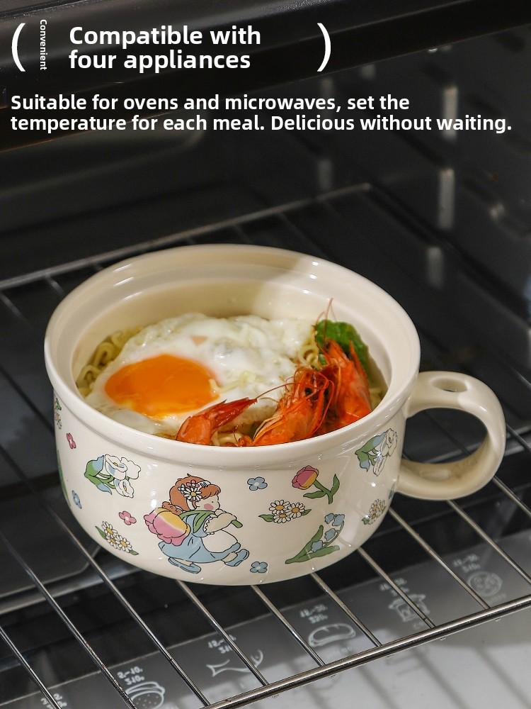 Ceramic Instant Noodles Bowl with Lid And Handle Dormitory Student Microwave Safe Soup Bowl Personal Special Bowl Cartoon Design