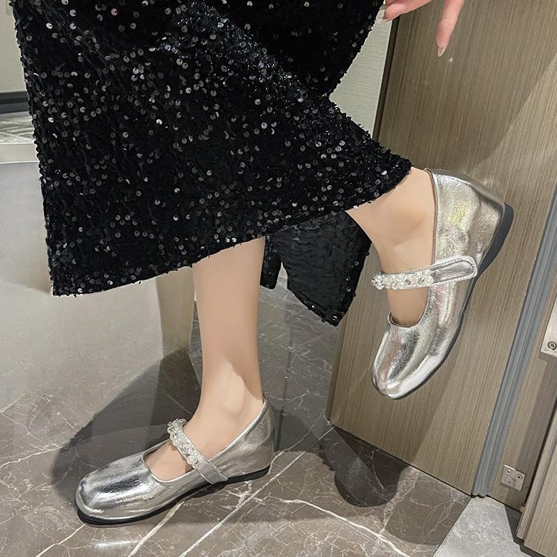 Fashion Pearl One-word Strap Soft Sole Inside Heightening Single Shoes New Round Toe Shallow Mouth Non-slip Low Top Shoes for Autumn