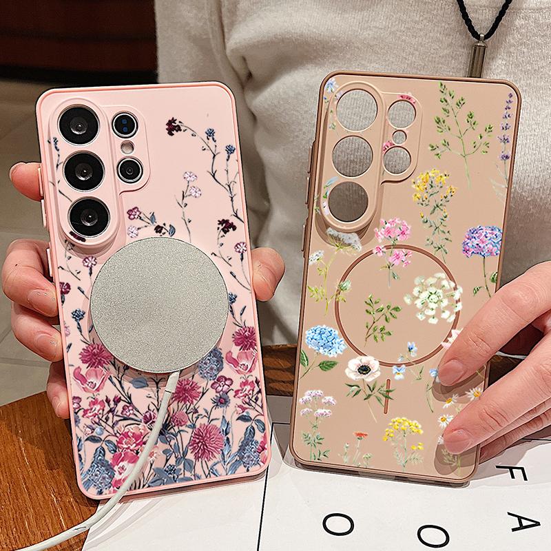 Magnetic Phone Case For Samsung Galaxy S25 S26 Ultra S24 S23 FE A17 A56 A37 A16 A35 A55 A15 A36 A55 Pink Flowers Printed Cover