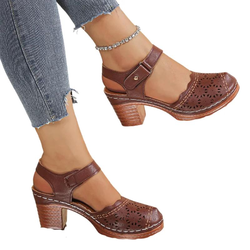 High Heels Women Sandals Chunky Cozy Walking Shoes Summer Pumps Dress Woman Slippers 2025 Trend Brand Hollow Sandalias De Mujer