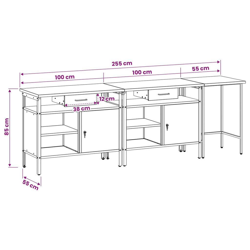 Workbench Set 3 pcs Black and Grey Powder Coated Steel