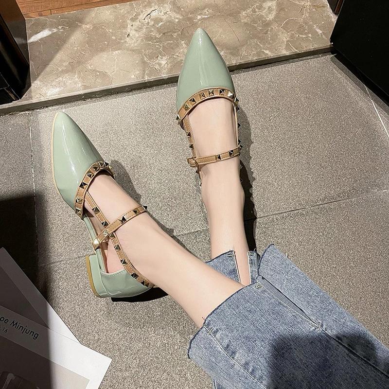 Women's Sandals 2025 New Rivet In Heel Shoe Pointed Toe Comfortable Platform Bun Head Low Heels Behind Empty Elegant Women Shoes