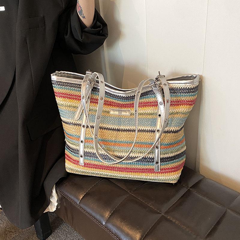 

Large capacity straw bag women s new summer seaside beach vacation shoulder bag woven tote bag разноцветный