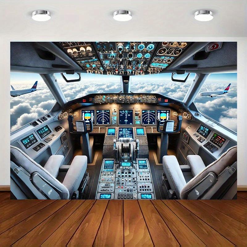 One piece a vibrant background cloth with a detailed view of the interior of a modern commercial aircraft cockpit