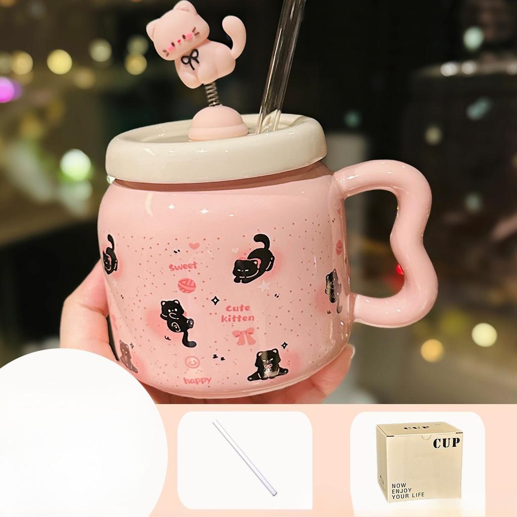 Creative Design Spring Kitten Ceramic Mug with Lid Cute Household Milk Oatmeal Cup Cartoon Cup Souvenir