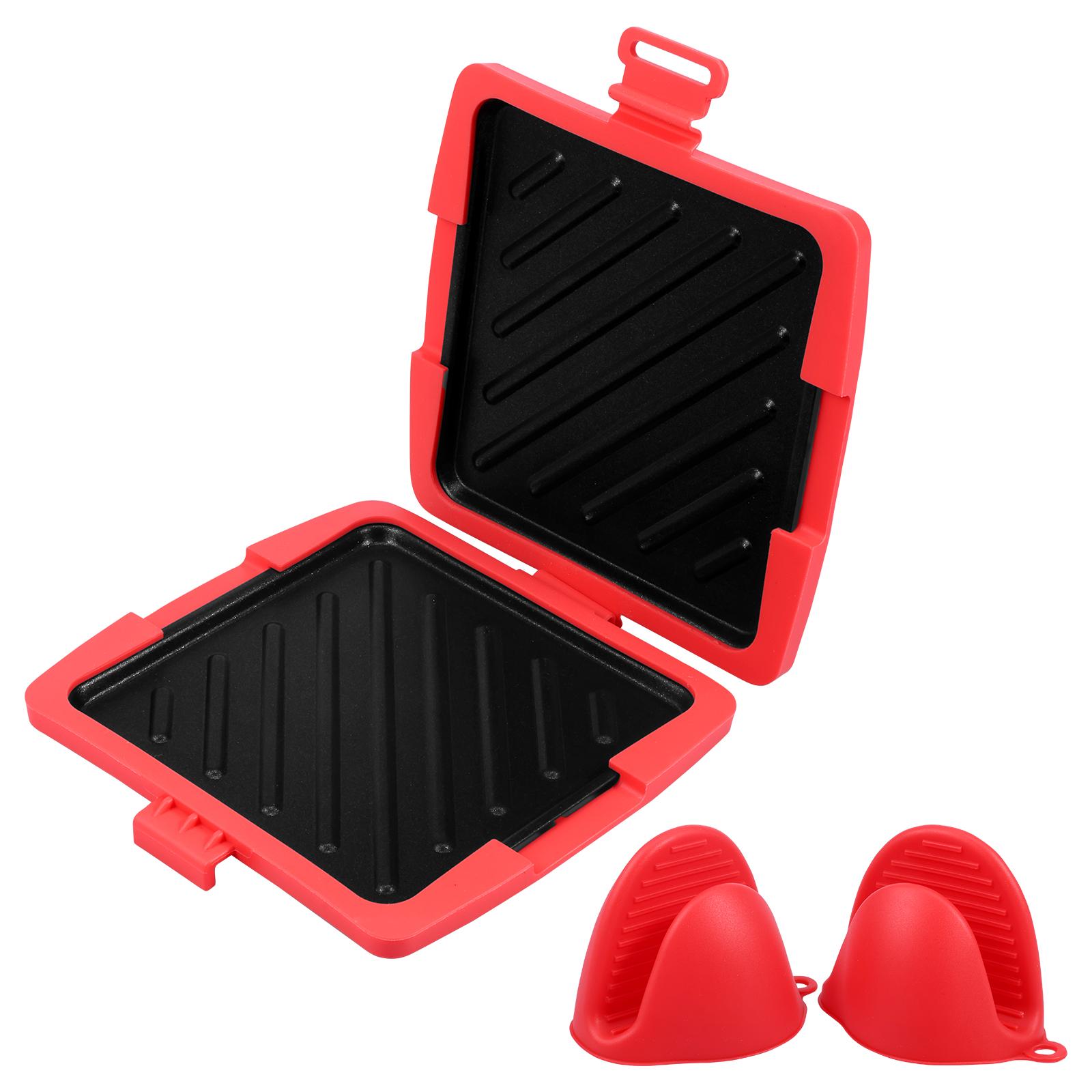 

1Pc Sandwich Baking Tray Microwave Grill Pan with Silicone Anti Scald Sleeve Non-stick Bread Baking Trays Microwave Bacon Cooker