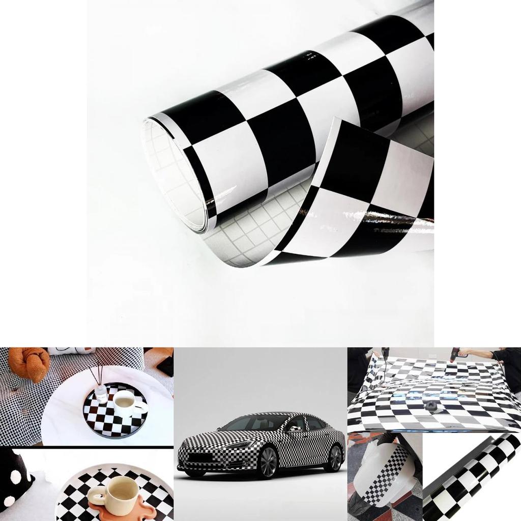 Black White Checker Pattern Bright Surface Stickers Car Decor For Motorcycles And Kitchen Surfaces