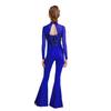 Girls Jazz Dance Costume Mock Neck Long Sleeve Cutout Back Sheer Mesh Sequins Bell Bottom Jumpsuit