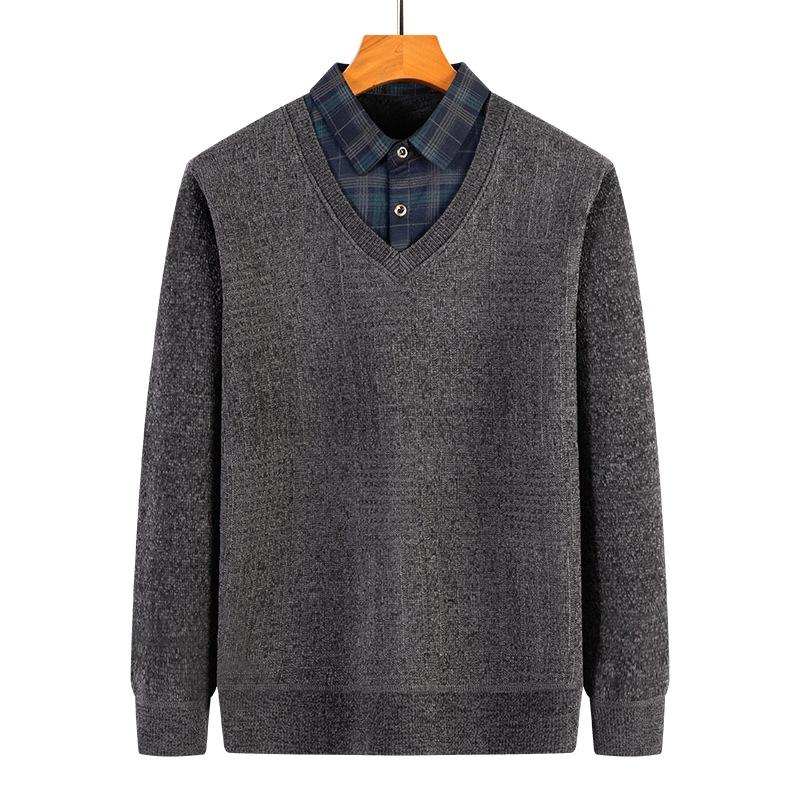 Men'S Fleece Fake Two-Piece Polo Shirt Autumn And Winter Plaid Lapel Chenille Thickened Warm Bottoming Shirt