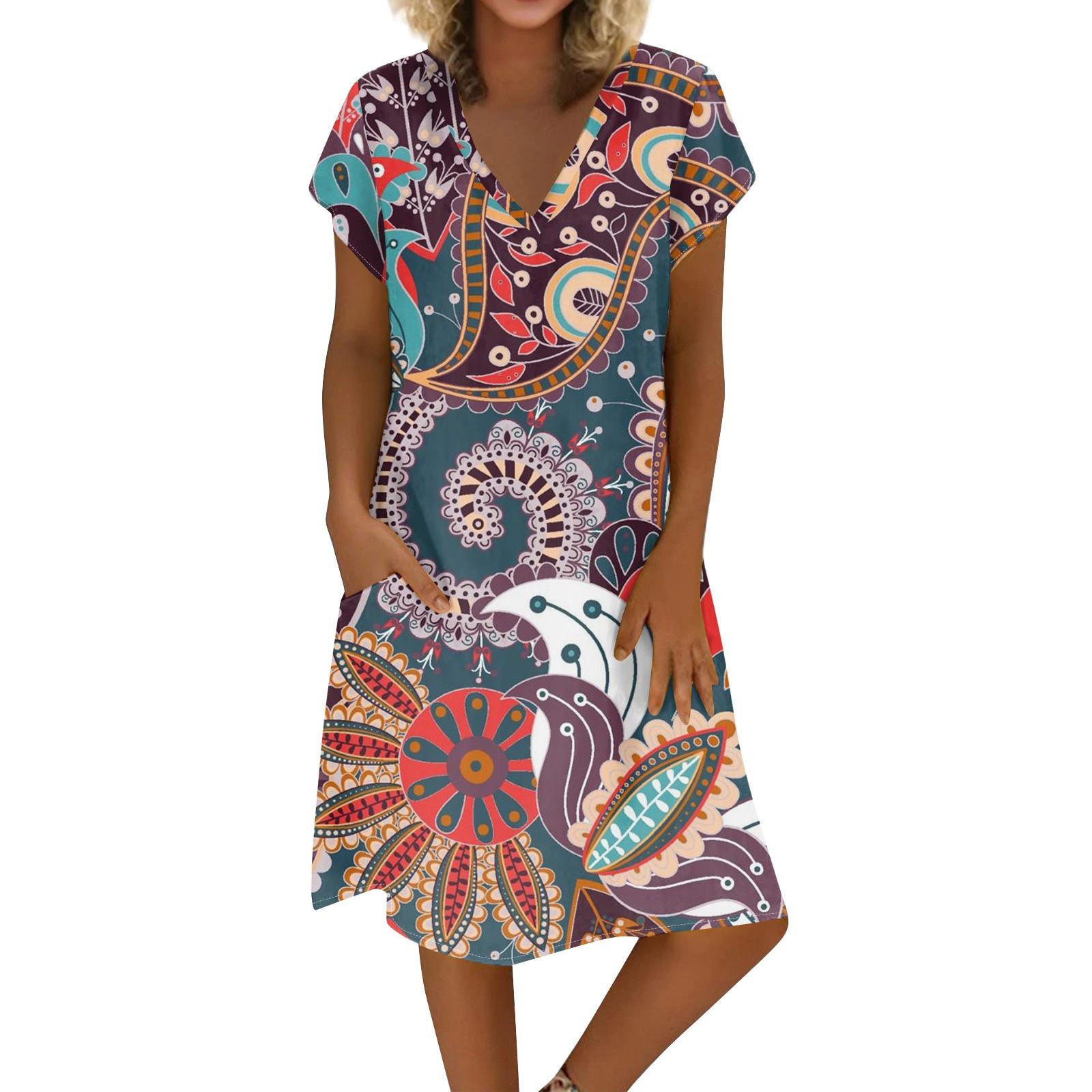 

Женское летнее платье из хлопка и льна с V-образным вырезом и короткими рукавами S