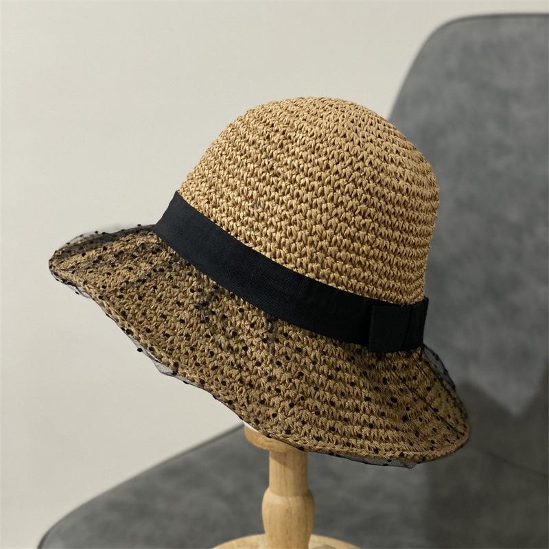 Spring outing hat women's straw woven new lace sun hat fashion beach hat foldable big-brimmed straw hat