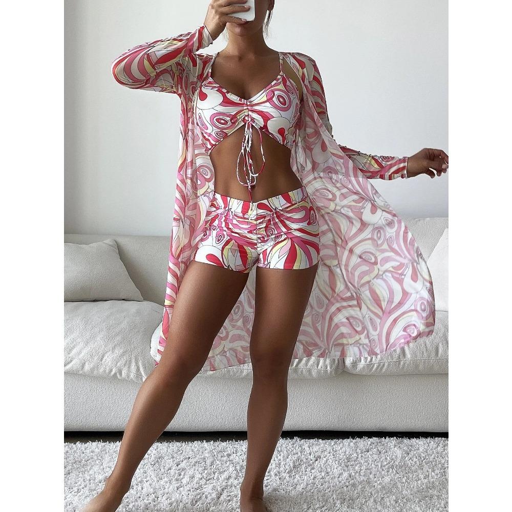 European and American Swimsuit Women's Split Three -Piece High Waist Long Sleeve Blouse Drawstring Suit