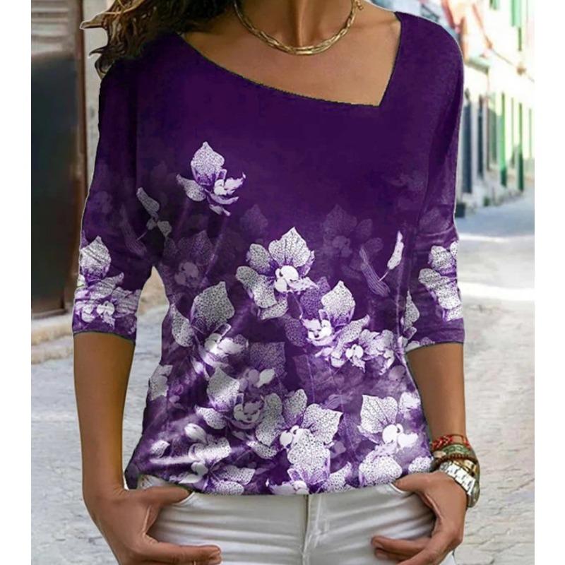 Autumn Women T Shirts Flower 3D Printing Long Sleeve Fashion Loose Irregular Diagonal Collar Ladies Clothes Harajuku Shirt Top
