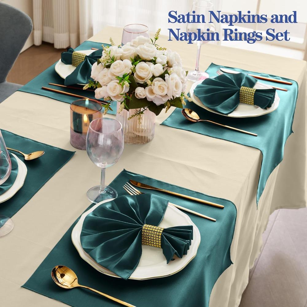 M 100 Pcs Dark Green Satin Napkins and Napkin Rings Set, 17 X 17 Inch Square Cloth Napkins Set of 50, Silky Soft Table Napkins Bulk