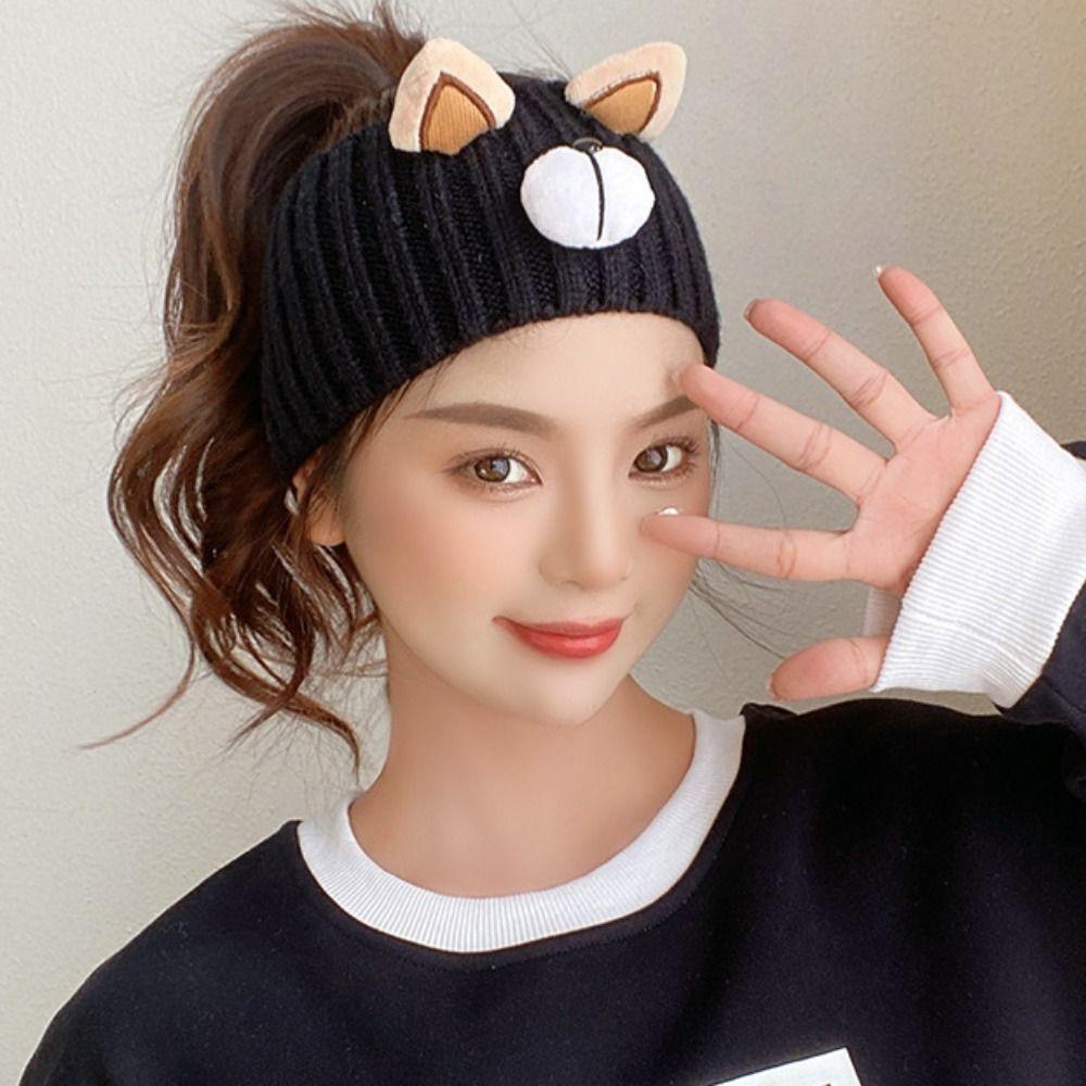 Warm Elastic Cute Wool Knitting Turban Wide Headwrap Women Hair Band Bear Headband Hair Accessories