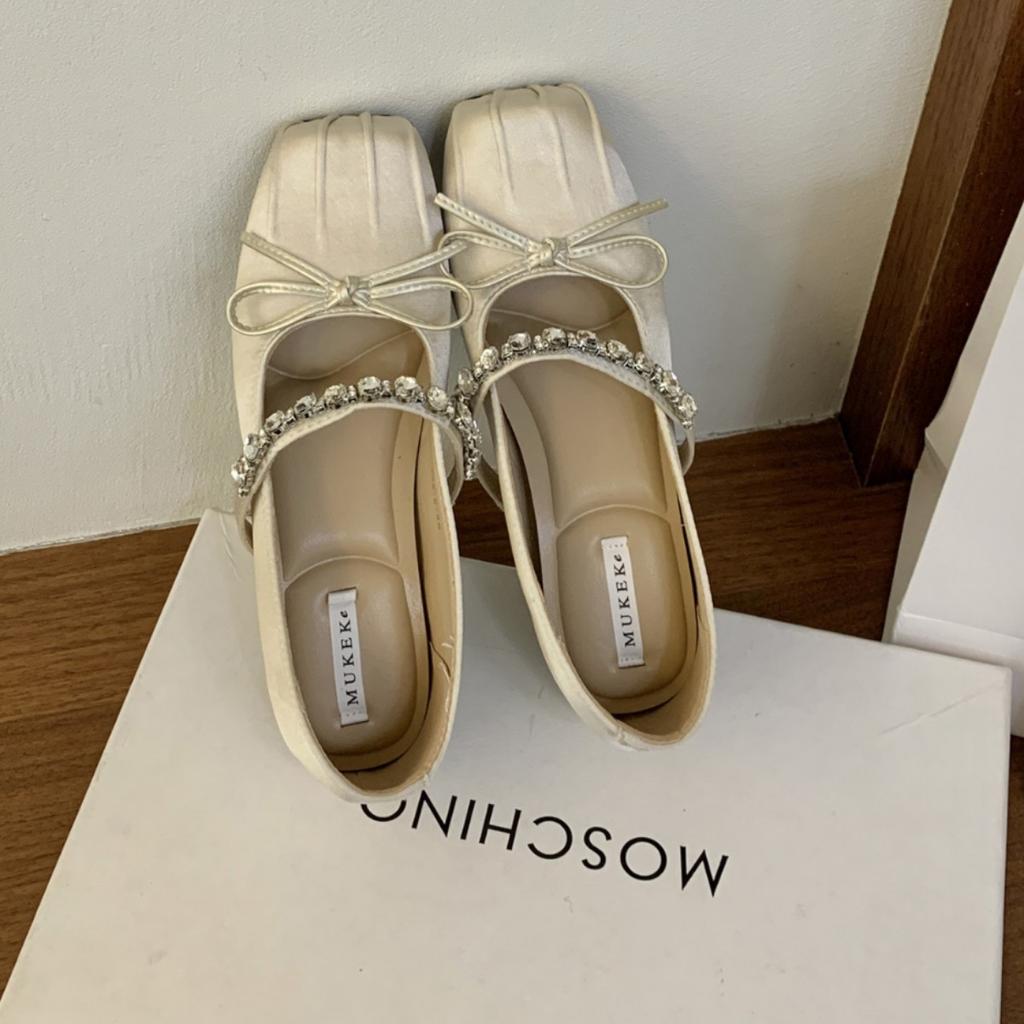 French Gentle Bow Inner Heightening Soft-soled Single Shoes 2025 New Rhinestone Fairy Square Head Ballet Mary Jane Shoes