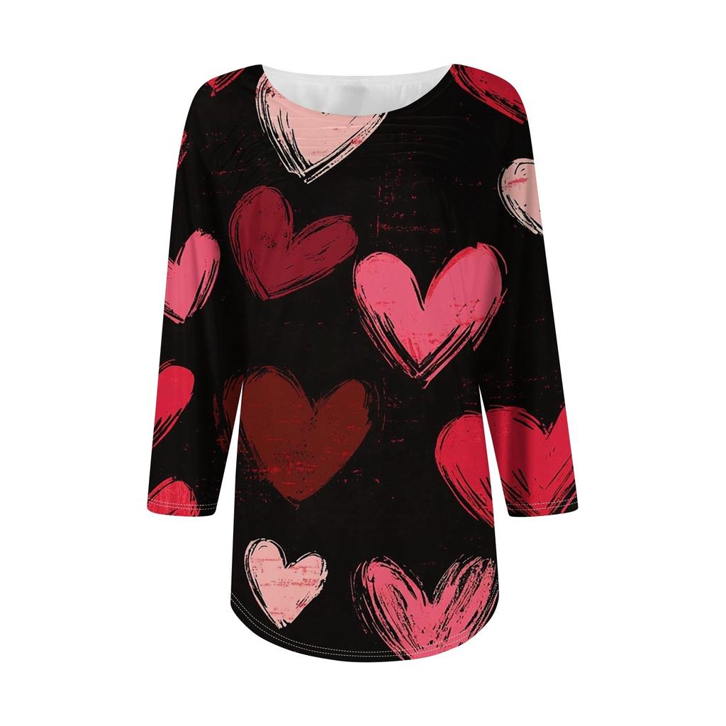 Damenmode Rundhals Plisseefront Valentinstag Bedrucktes Dreiviertelarm Oberteil