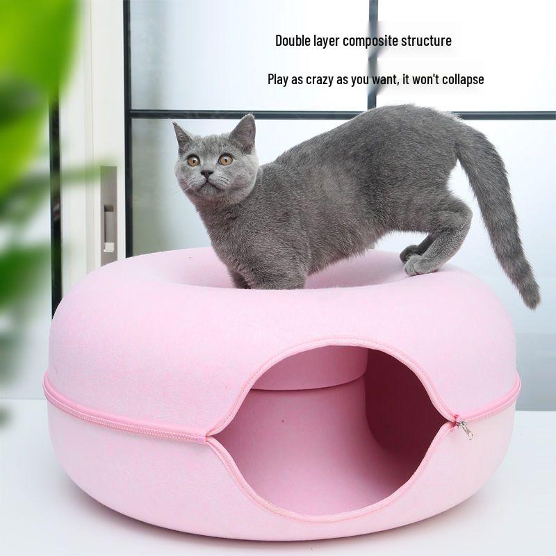 מיטת-מנהרה לחתול רחיצה לכל העונות - צורת דונאט, עיצוב מתגלגל, חמה, מושלמת להתחפרות
